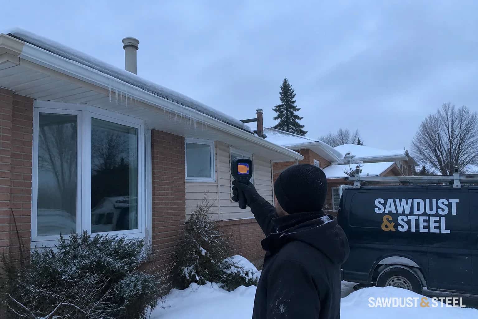Ontario attic and roof being checked for heat loss before winter