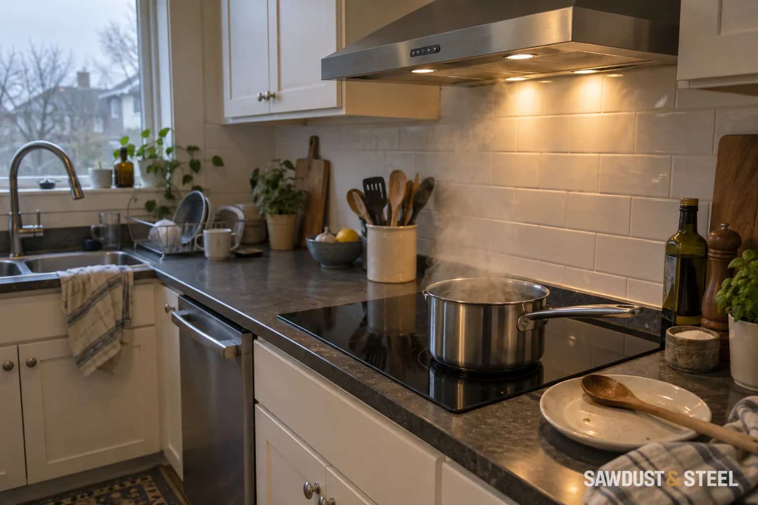 A steaming saucepan on an induction cooktop beneath a lit stainless range hood