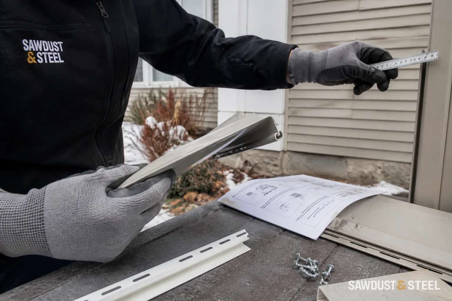 Editorial close view of siding materials being checked in cold weather