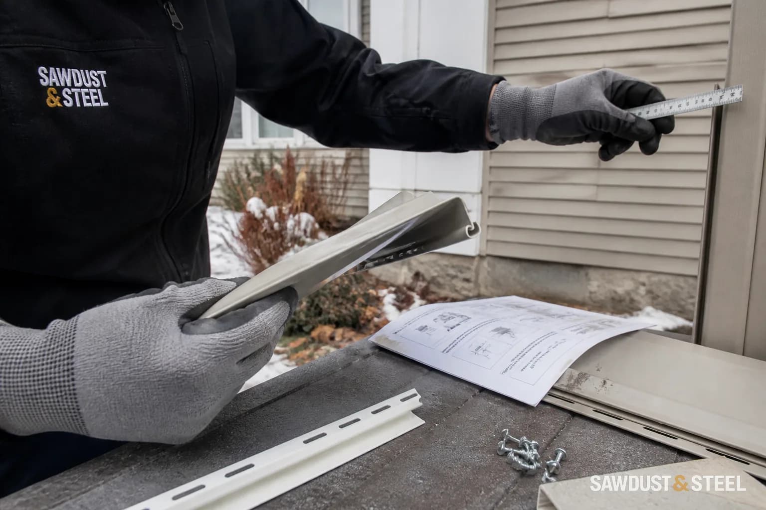 Worker holding a siding accessory beside a tape measure and installation paperwork