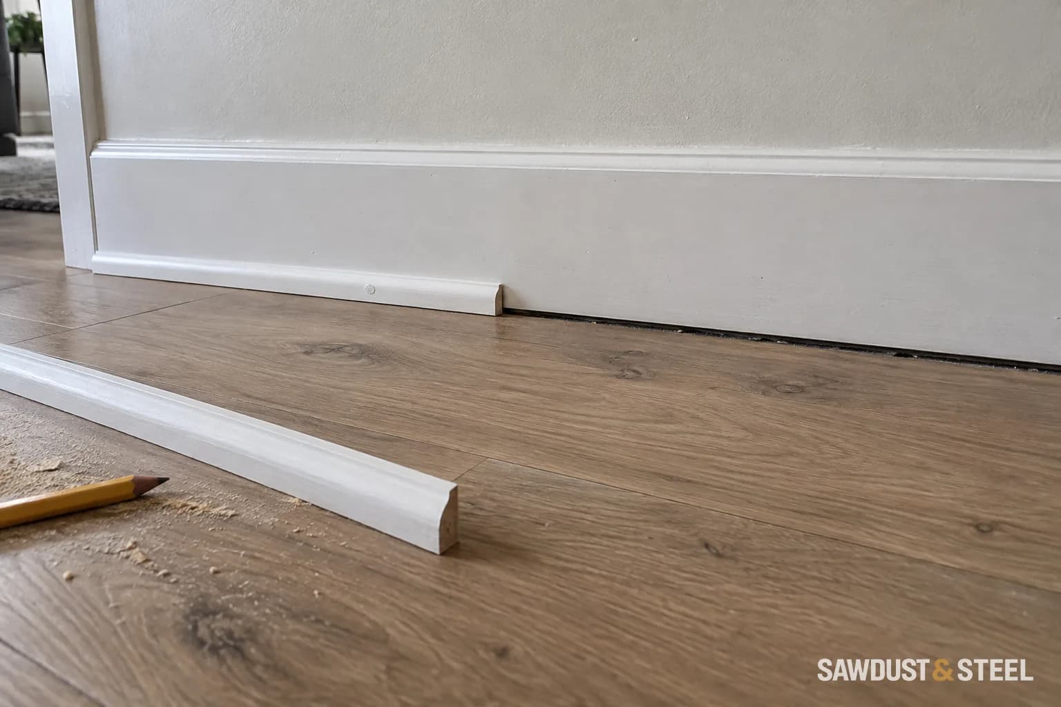 Partly installed white shoe moulding along a baseboard beside a wood-look floor, with a loose trim length nearby