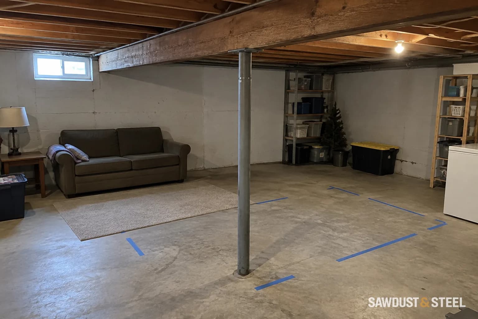 Steel support column beneath a basement beam beside a taped furniture layout