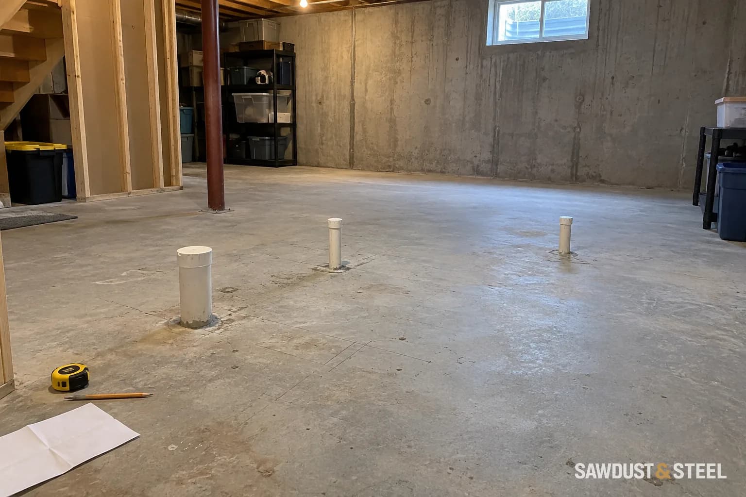 Capped plumbing stubouts in an unfinished basement slab with floor layout marks and a tape measure nearby
