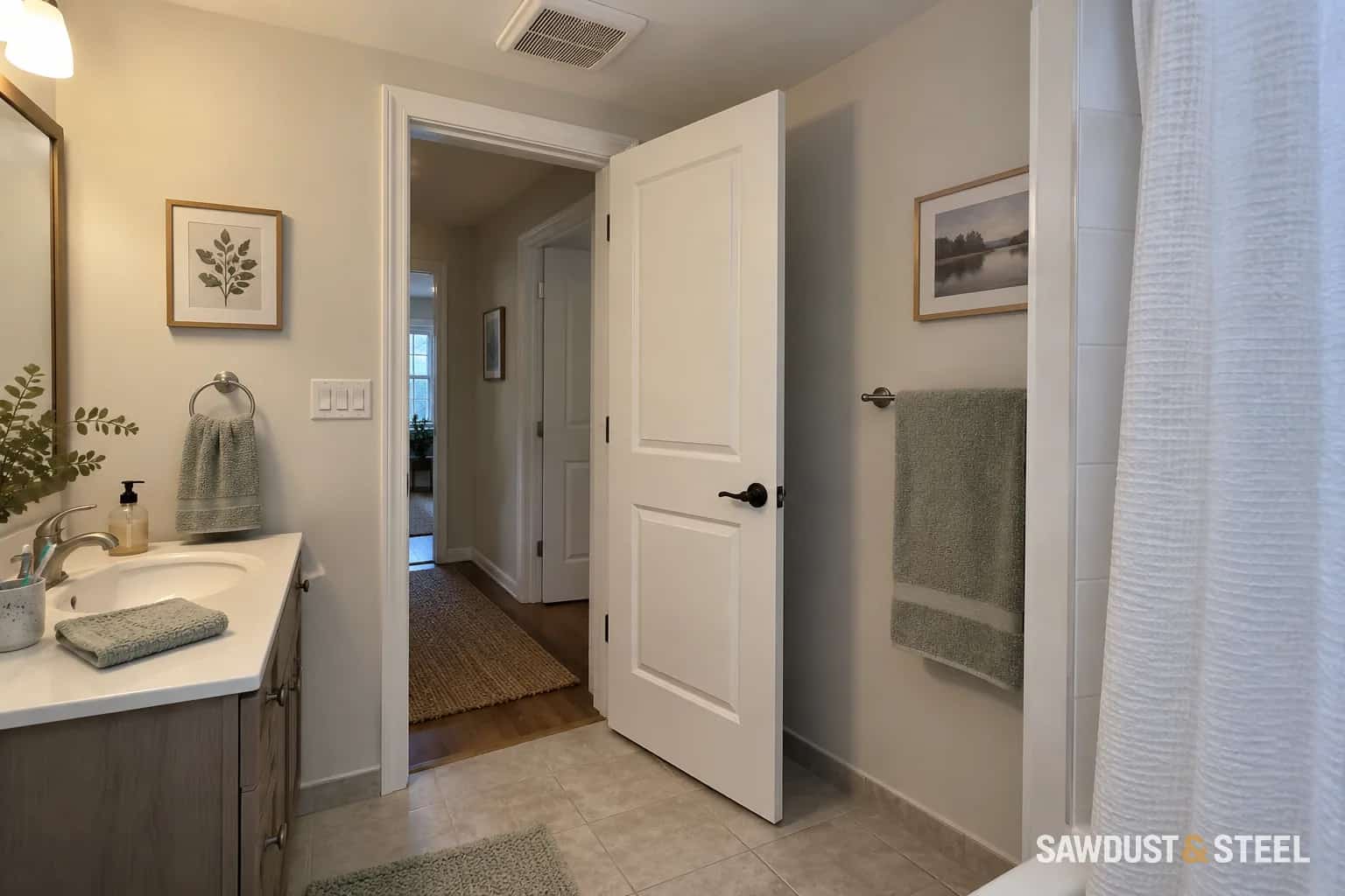 Bathroom doorway with ceiling exhaust grille, vanity and towels visible