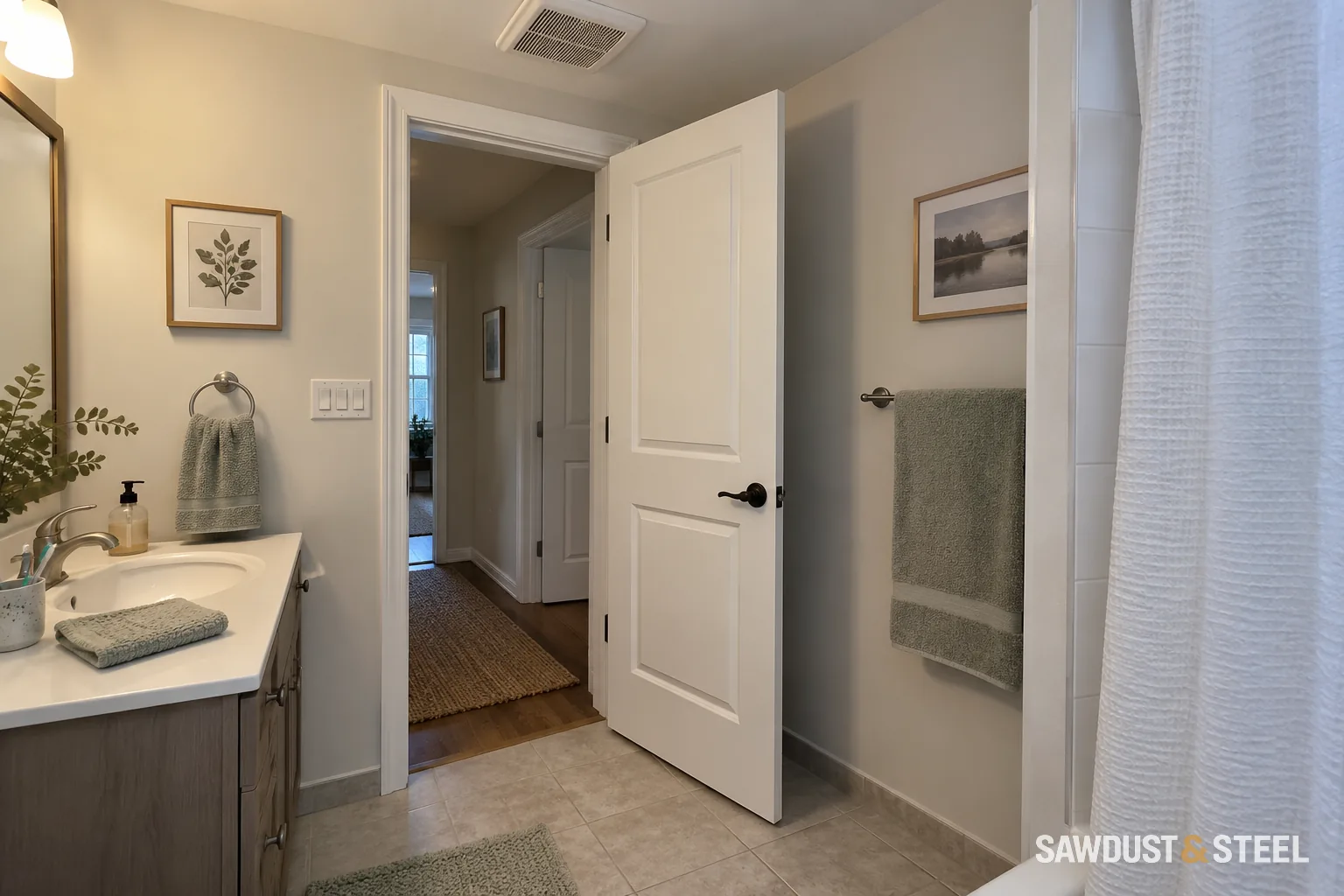 Open bathroom door showing the hallway beyond the vanity