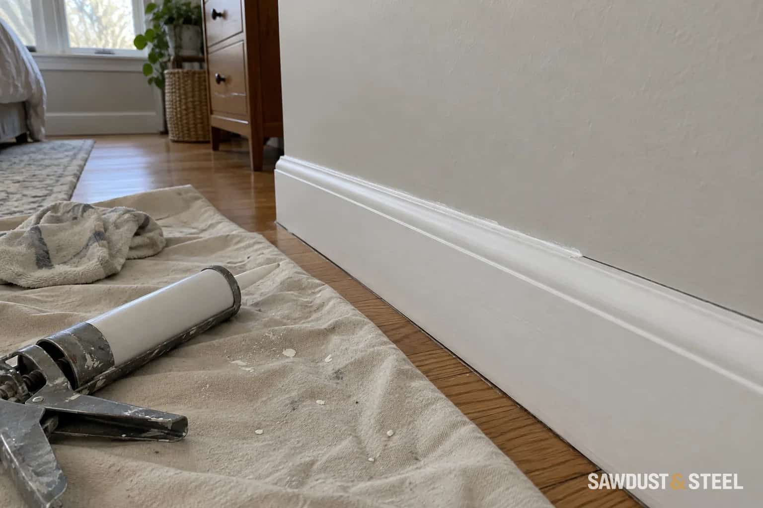 A narrow white caulk bead along the top of painted baseboard with a caulk gun on a drop cloth