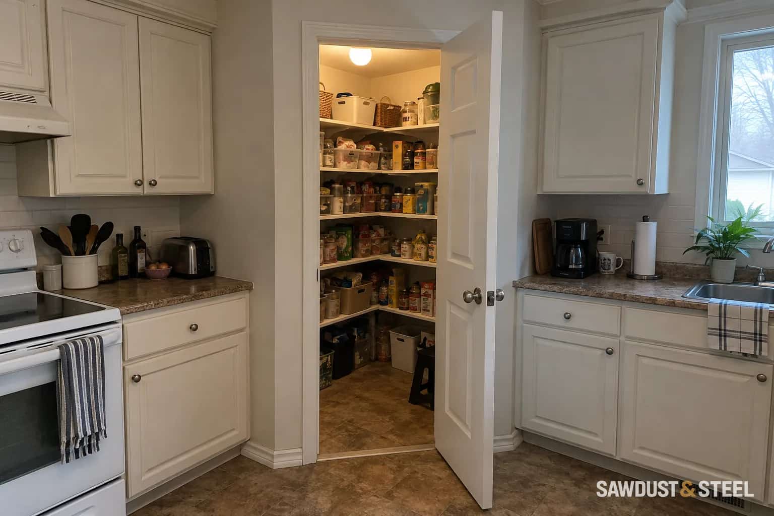 Open door to a framed corner pantry with stocked shelves between two kitchen counter runs