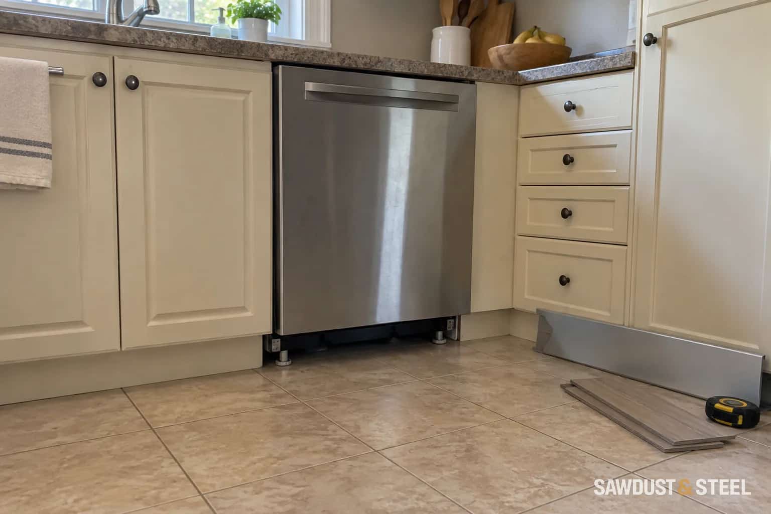 Dishwasher with its toe panel removed beside loose flooring samples and a tape measure on the tiled floor.