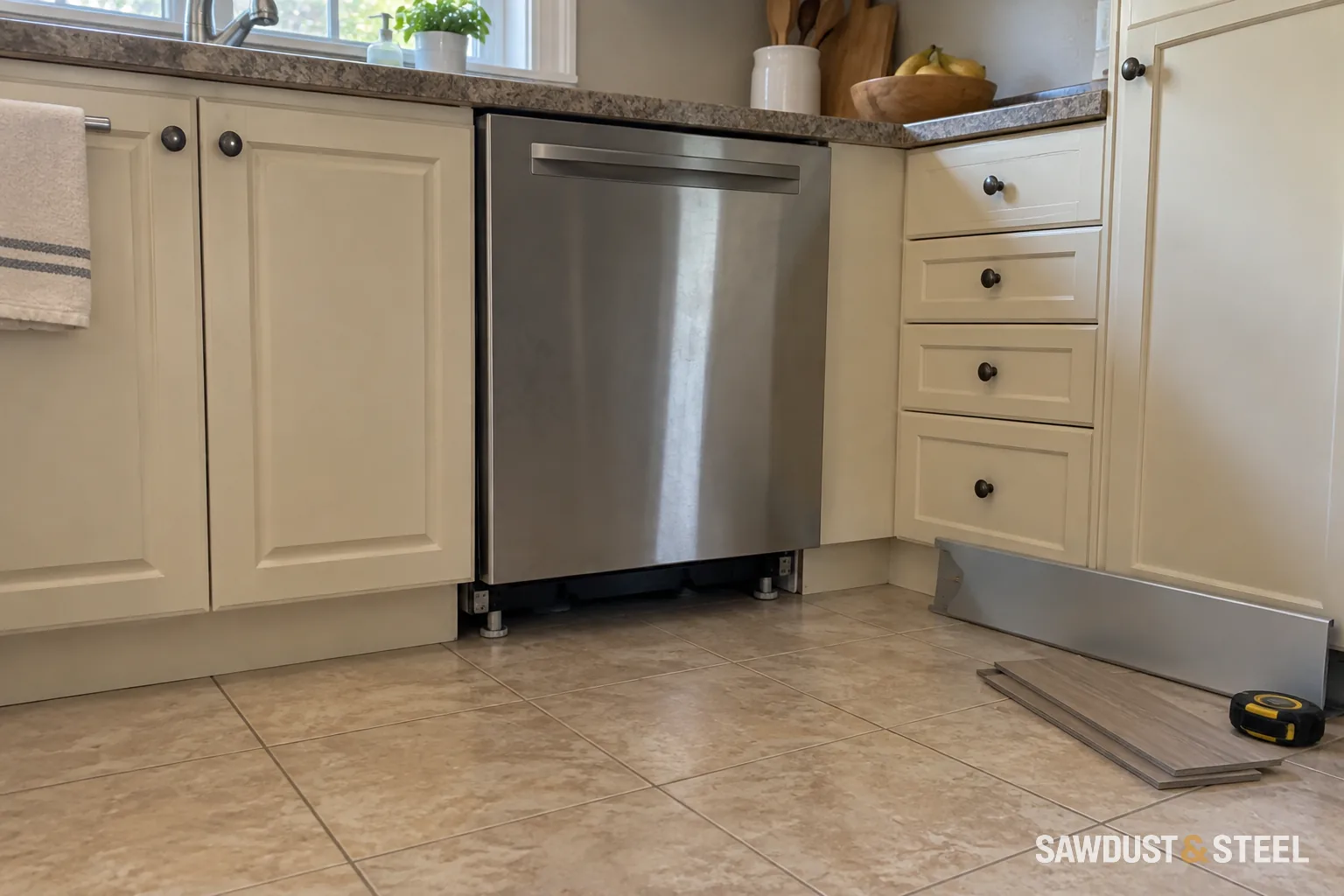 Dishwasher with its toe panel removed, adjustable feet visible and loose flooring samples on the tiled floor.