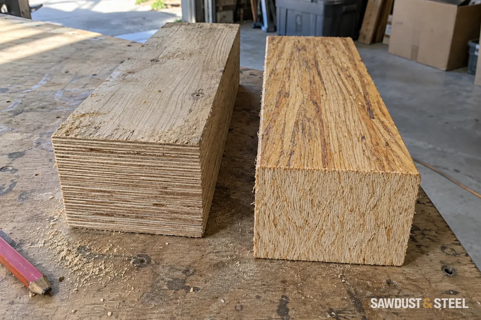 LVL and parallel-strand beam offcuts resting side by side on a dusty garage workbench