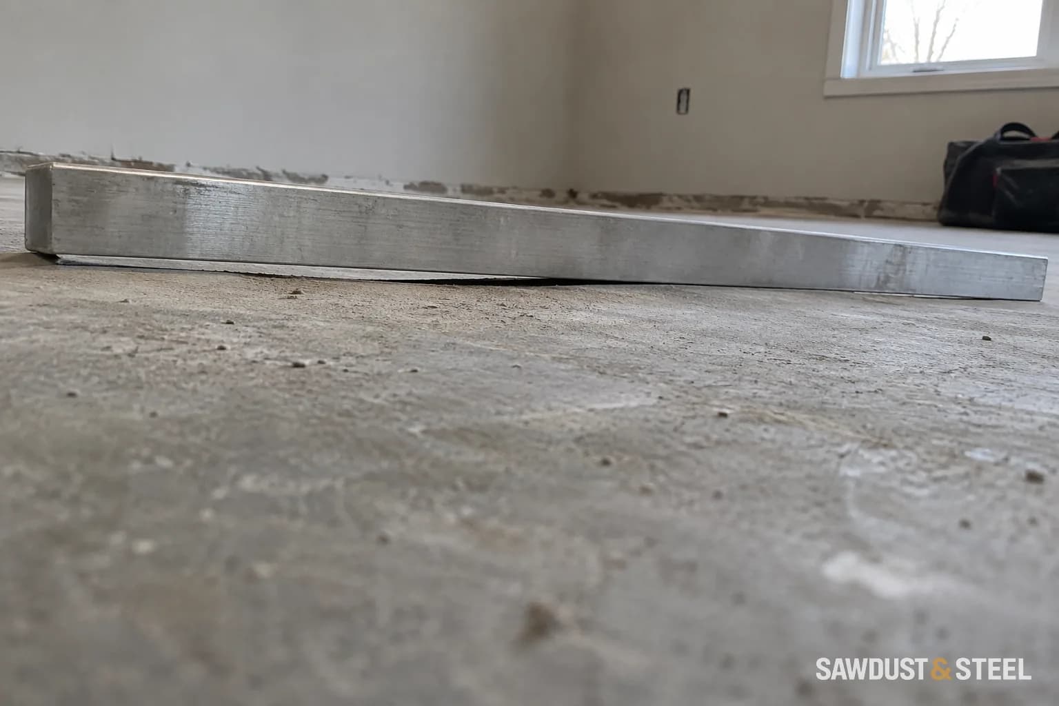 Long metal straightedge resting on a bare concrete floor with a small gap visible beneath the middle