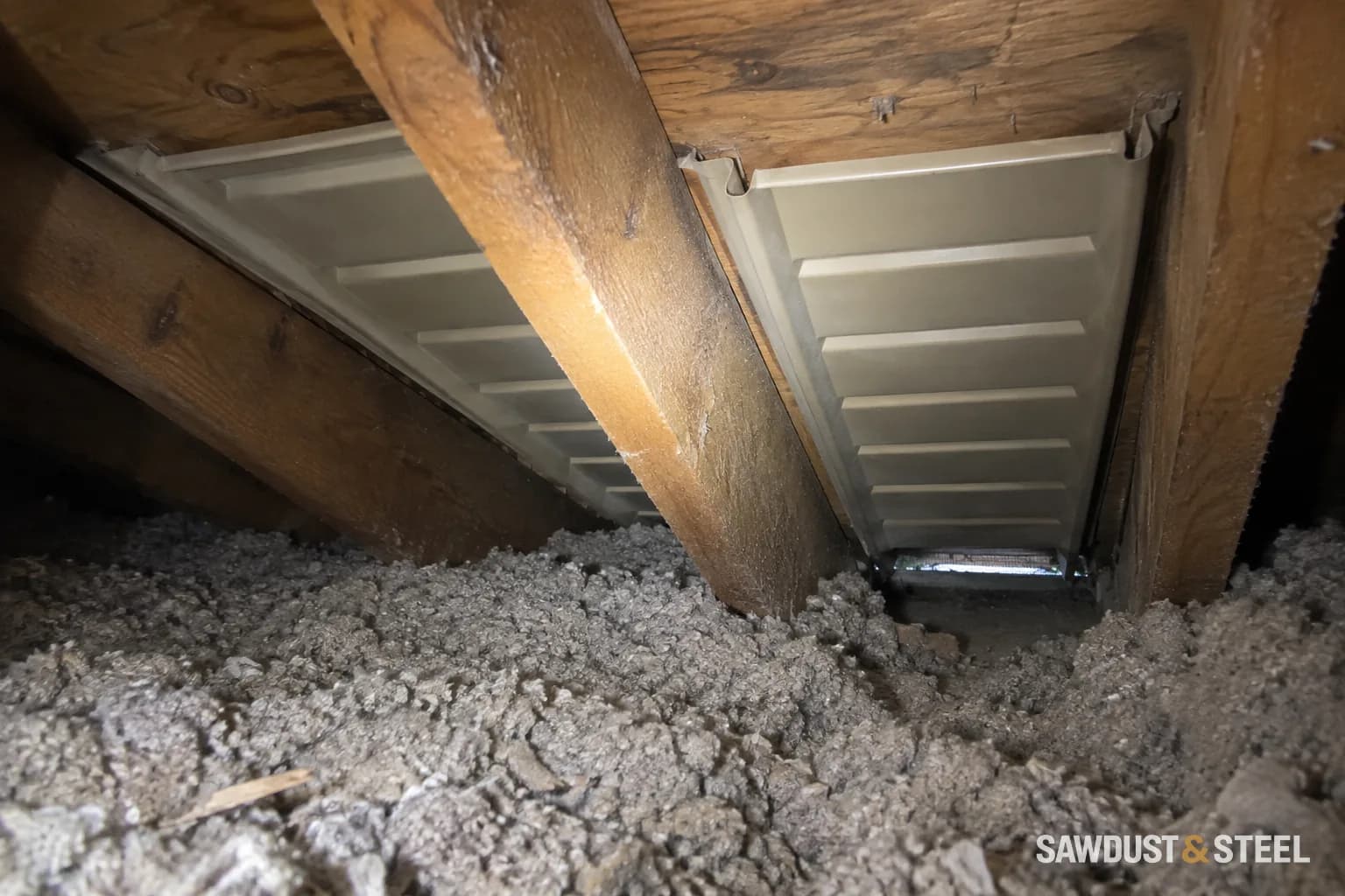 Attic eave baffles between rafters with loose insulation below the ventilation channel.