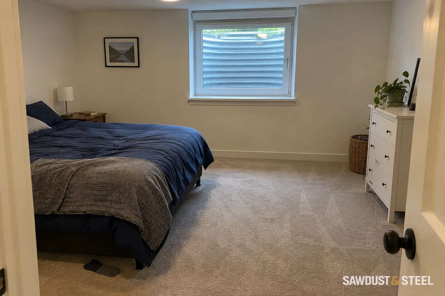 Basement bedroom with a clear route between the bed and dresser to the window