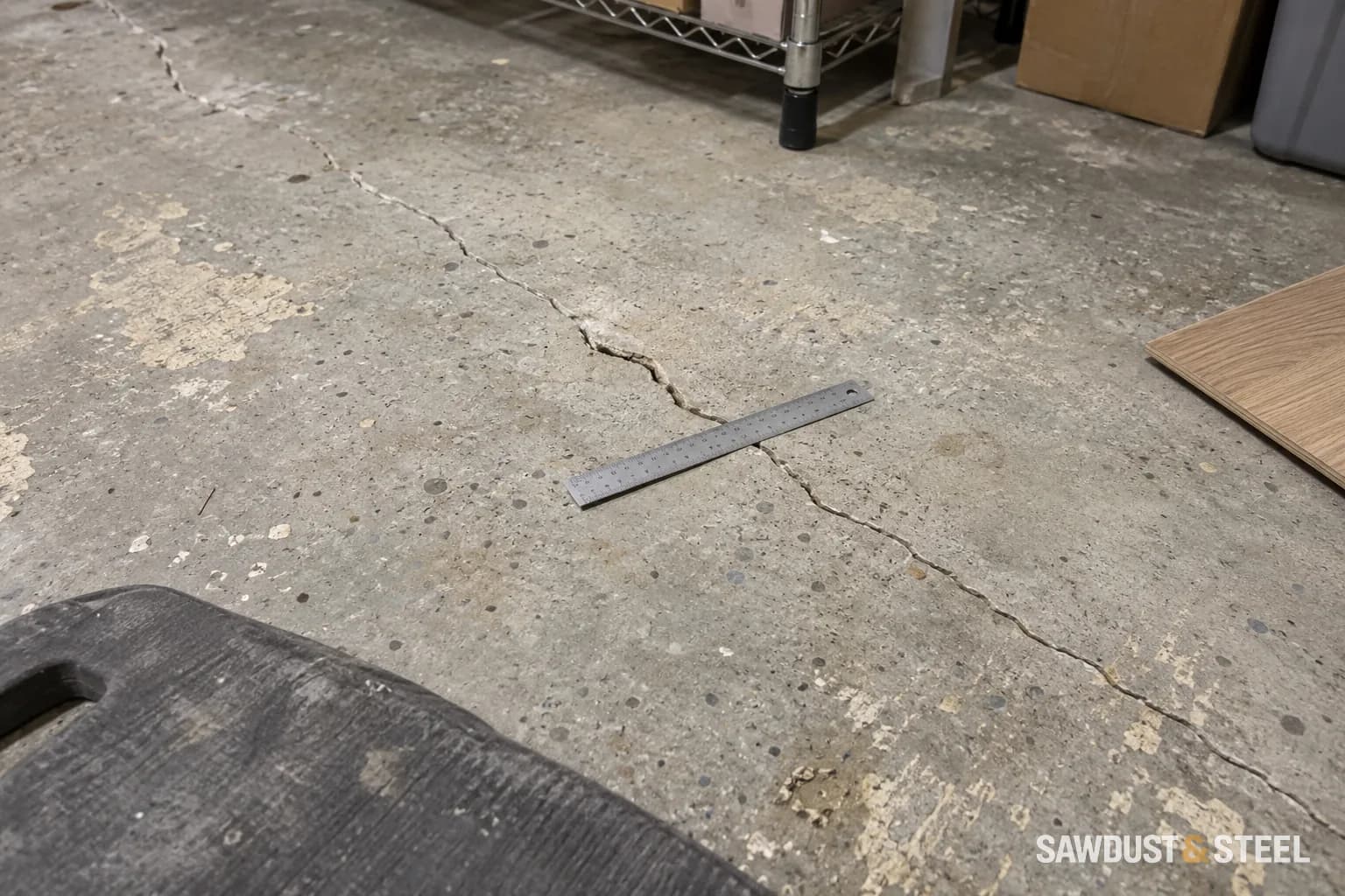 Metal ruler across an exposed concrete slab crack beside a wood-look flooring sample and basement storage shelves.
