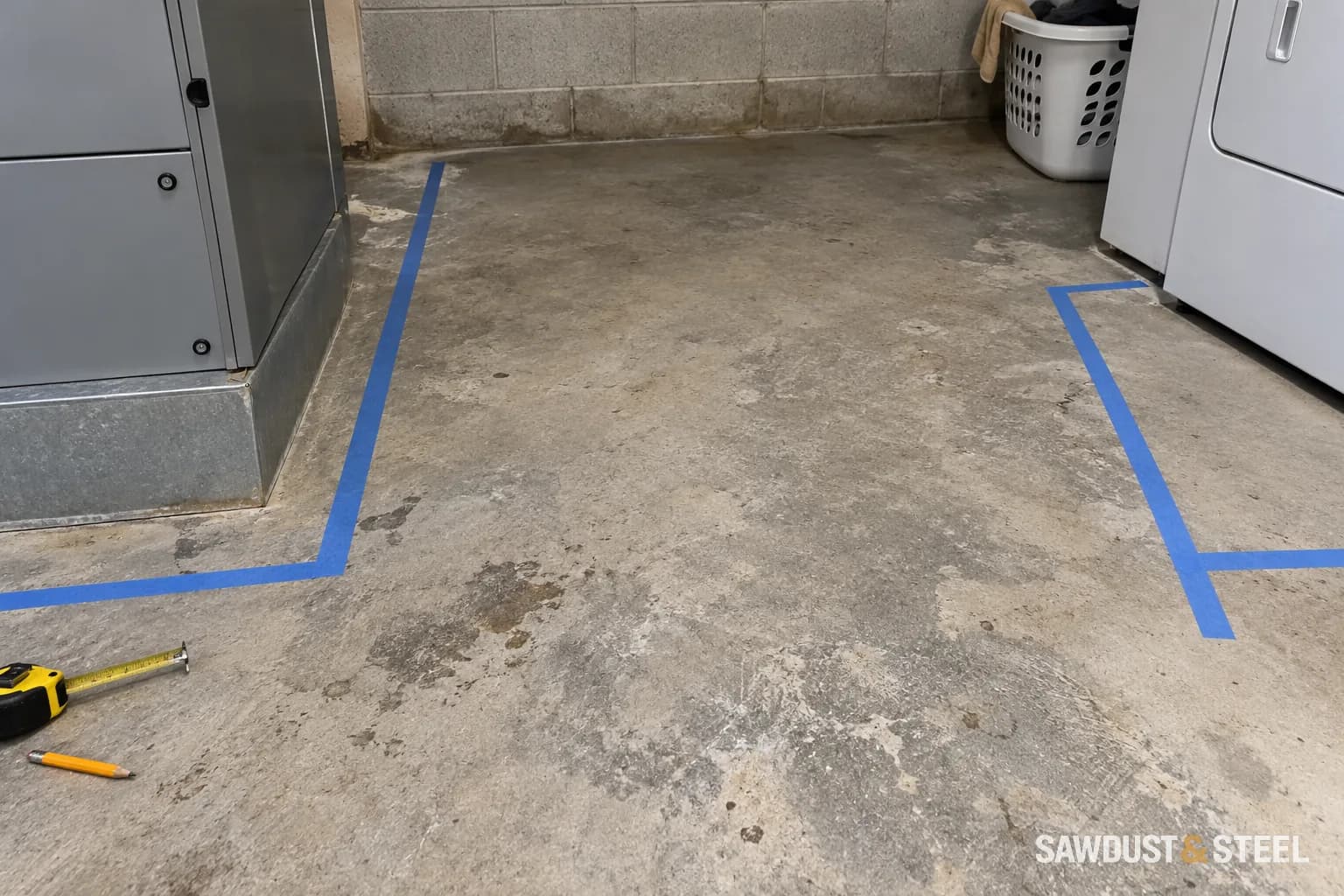 Taped service space on a concrete floor between a furnace and laundry appliance