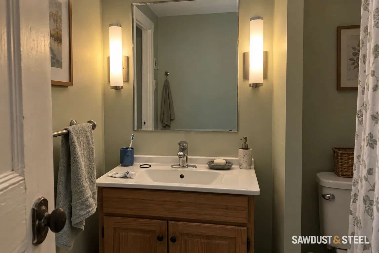Two lit frosted sconces beside a bathroom mirror above an oak vanity with everyday toiletries