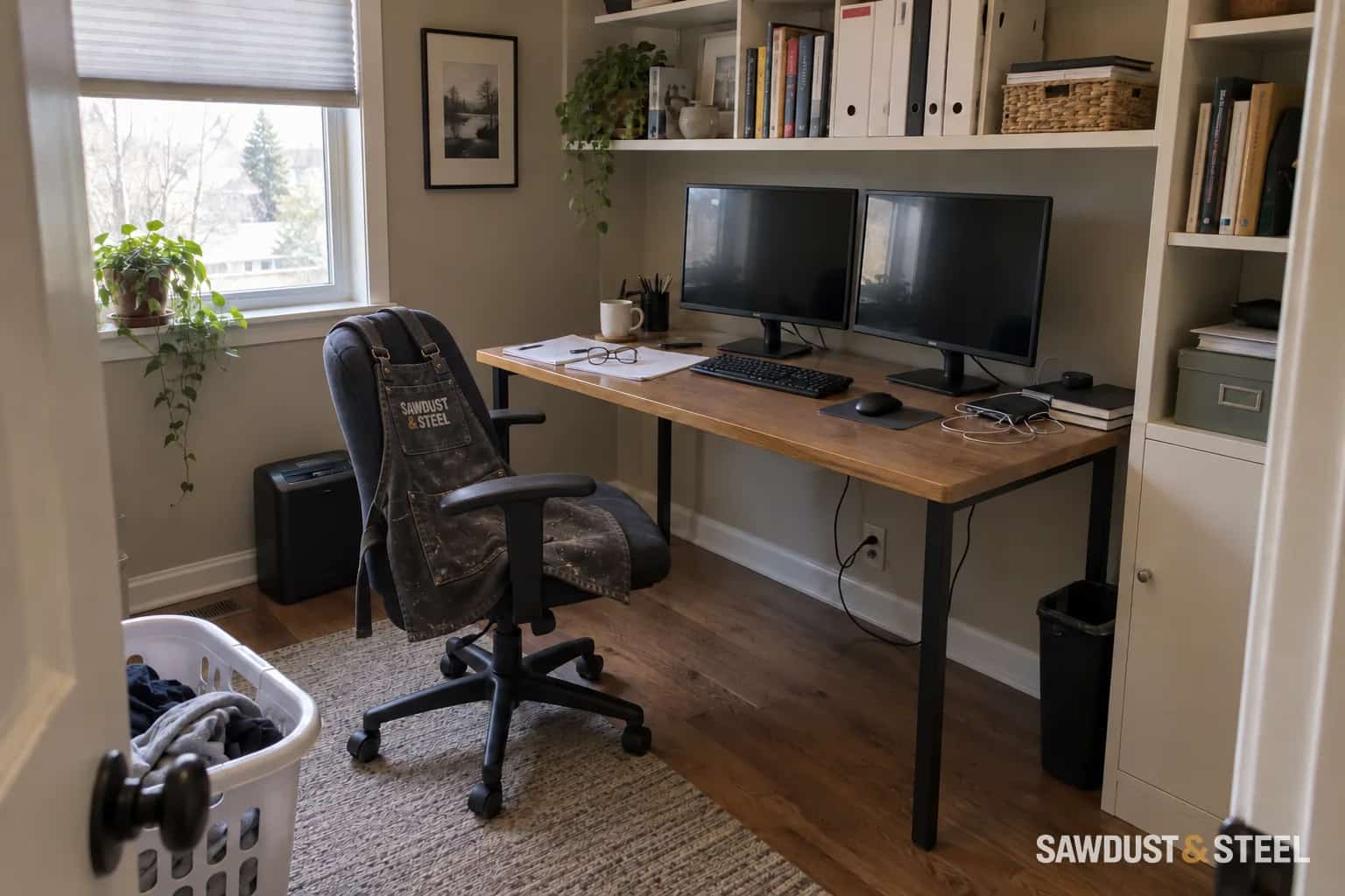 Freestanding wood desk with two monitors, clear knee space and fitted shelves above and beside it