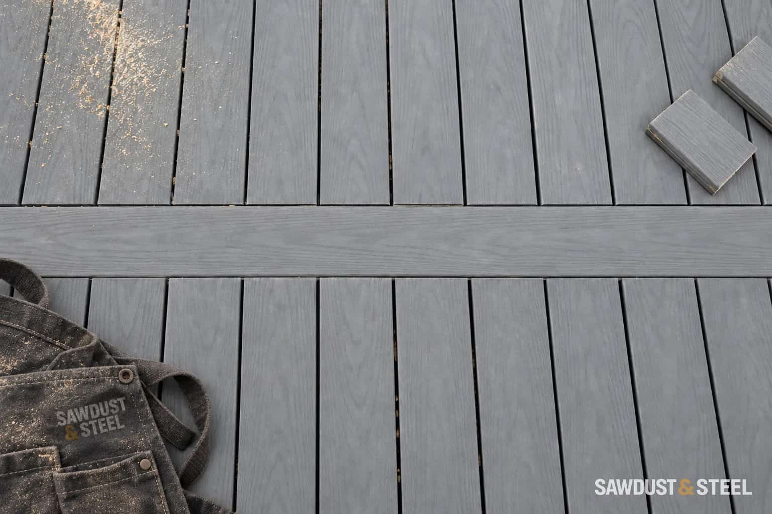 Same-colour grey composite breaker board crossing between two parallel runs of decking