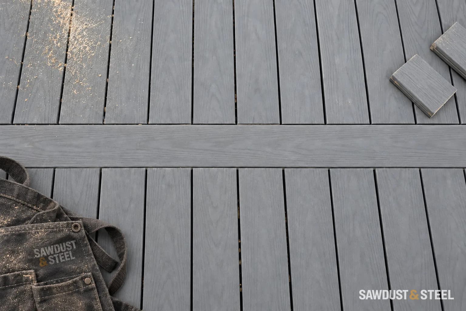Same-colour grey composite breaker board crossing between two parallel runs of decking