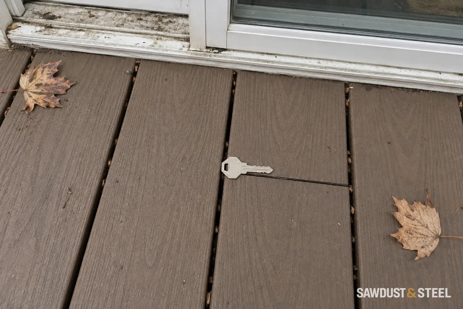 House key beside an open composite board joint near a weathered patio-door threshold
