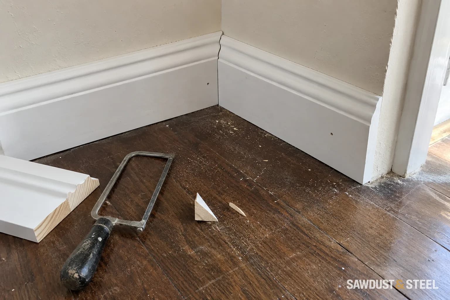 Shaped primed baseboard meeting at an inside corner with a matching offcut and coping saw on the floor