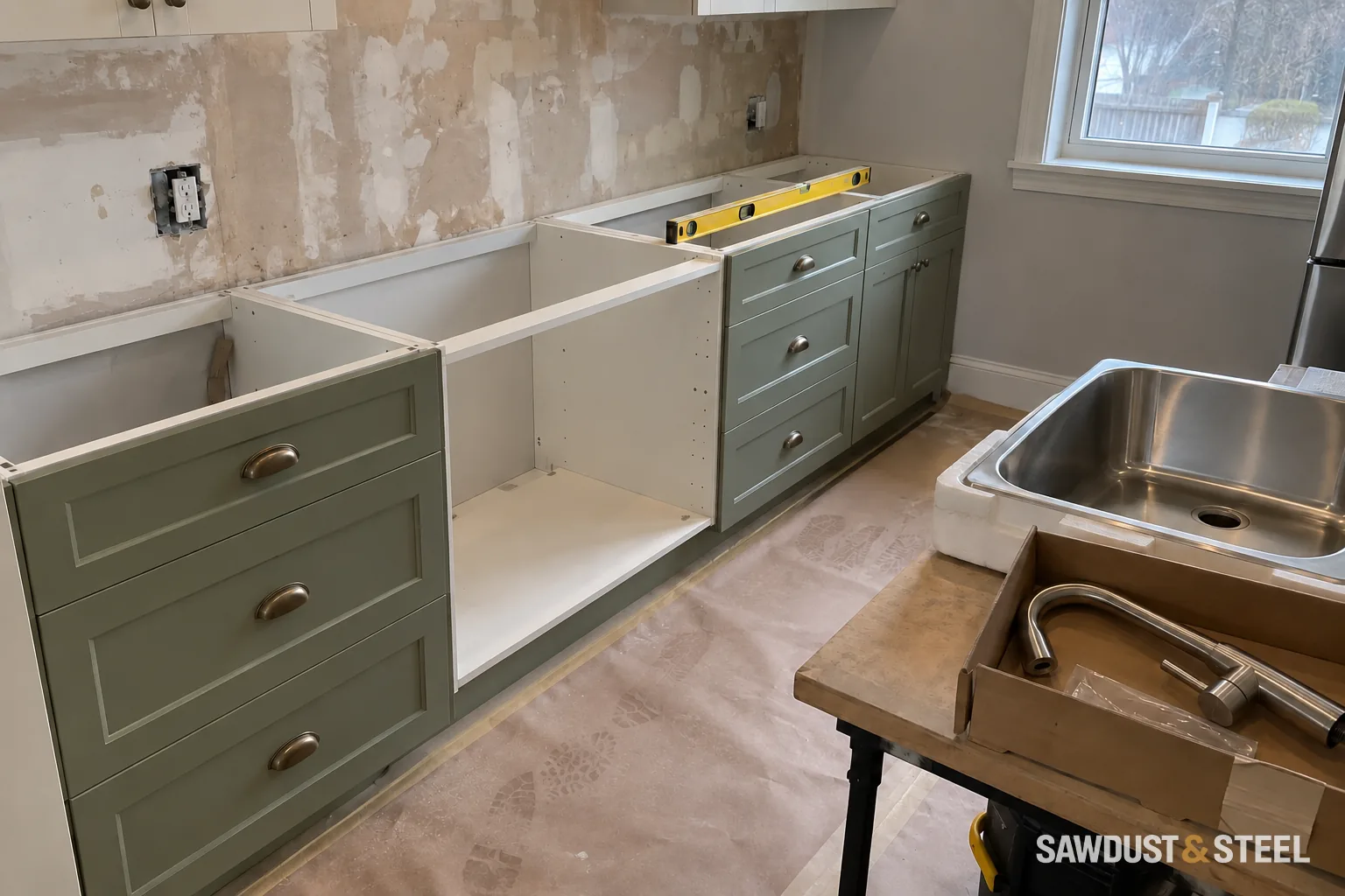 Sage base cabinets awaiting countertops, with a sink and boxed tap on the nearby work table