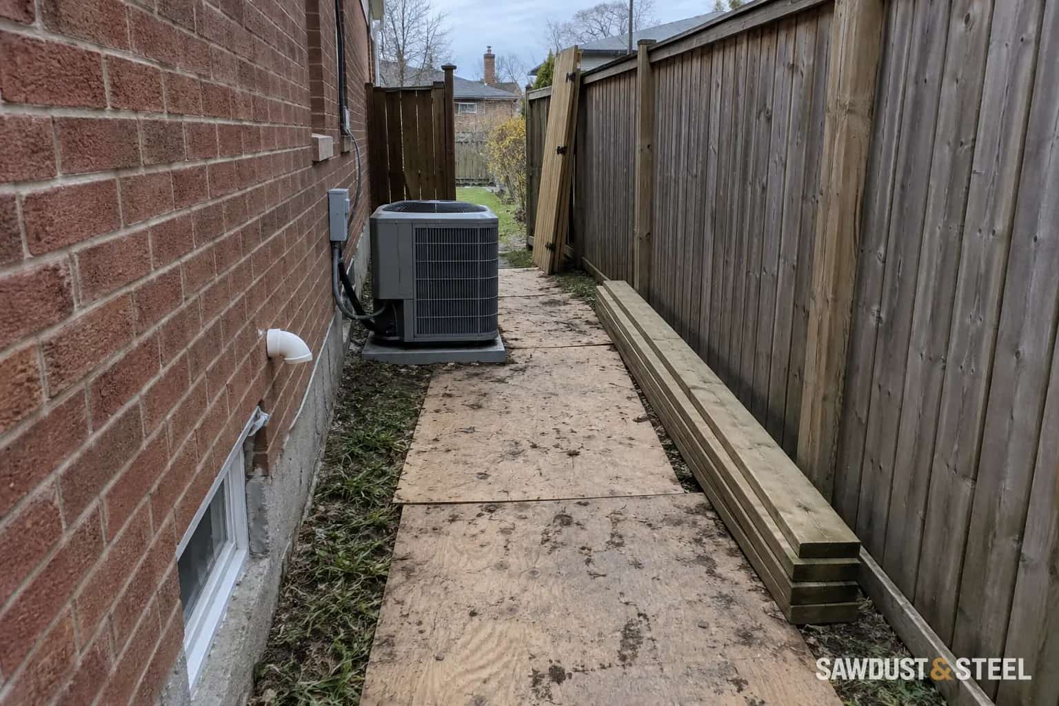Narrow path between a brick house and wood fence with stacked lumber