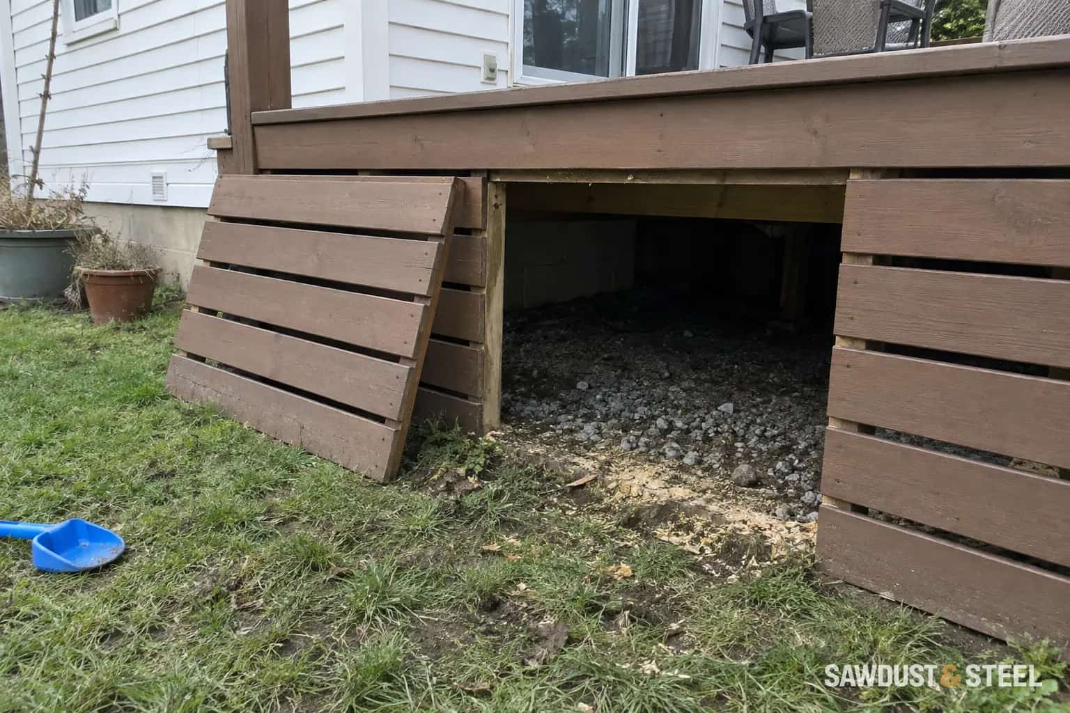 Removable horizontal deck-skirt panel leaning beside its open access bay