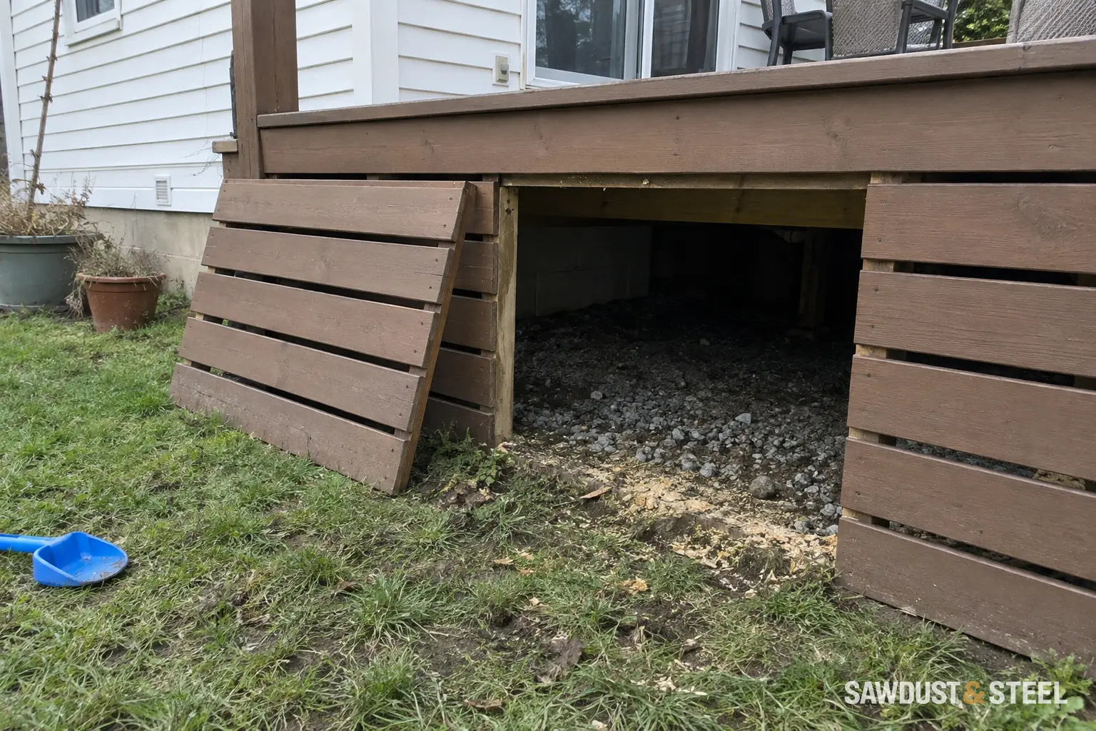 Removable horizontal deck-skirt panel leaning beside its open access bay