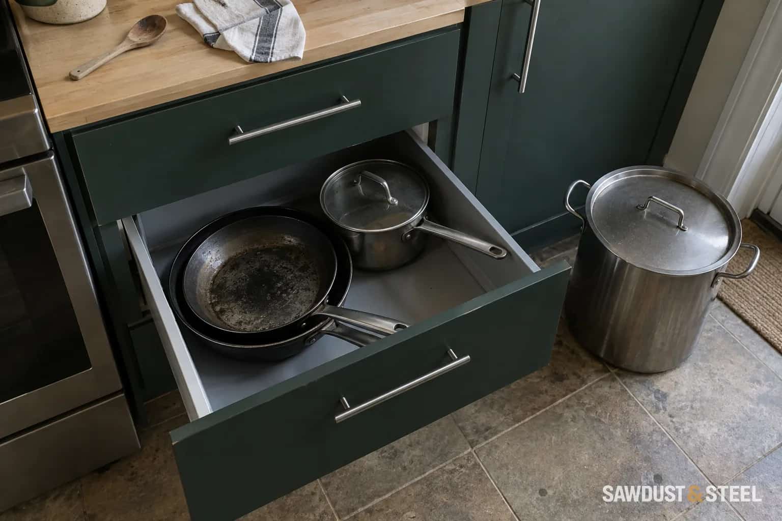 Open green kitchen drawer holding worn pans, with a tall lidded stockpot beside it