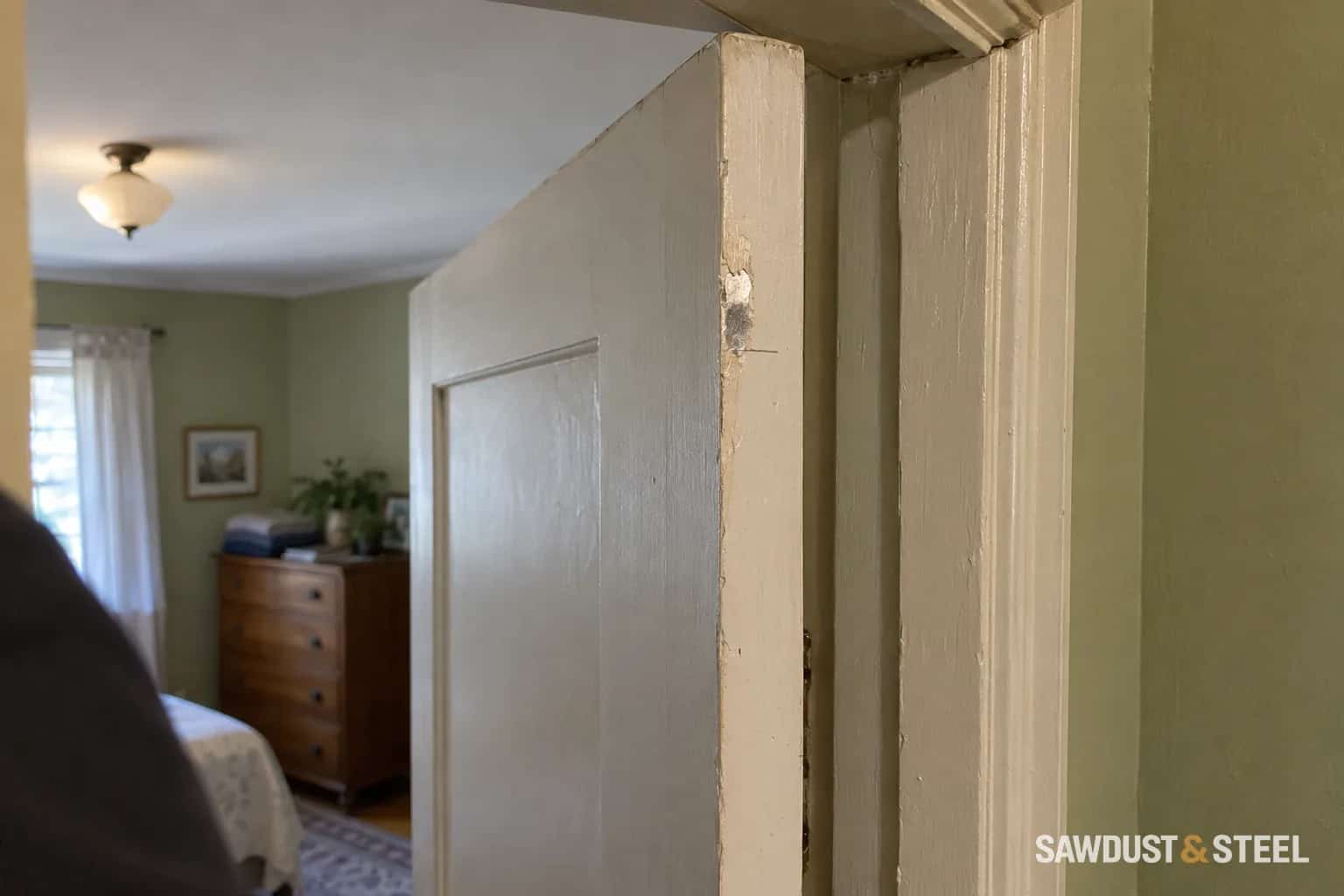 Chipped paint on the upper latch-side edge of a white interior door beside its jamb