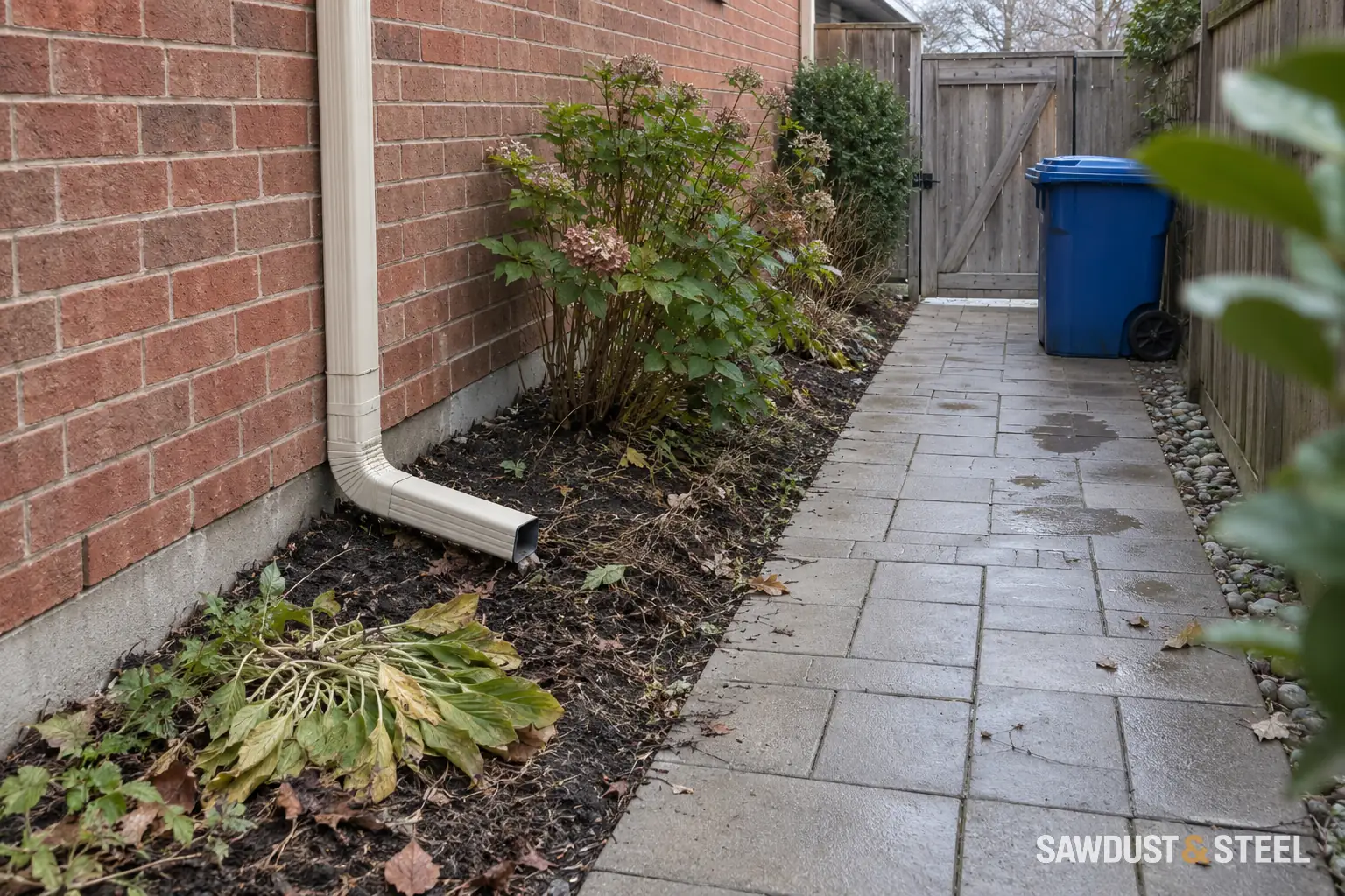 Downspout outlet in a planting strip beside a clear paver path and recycling bin