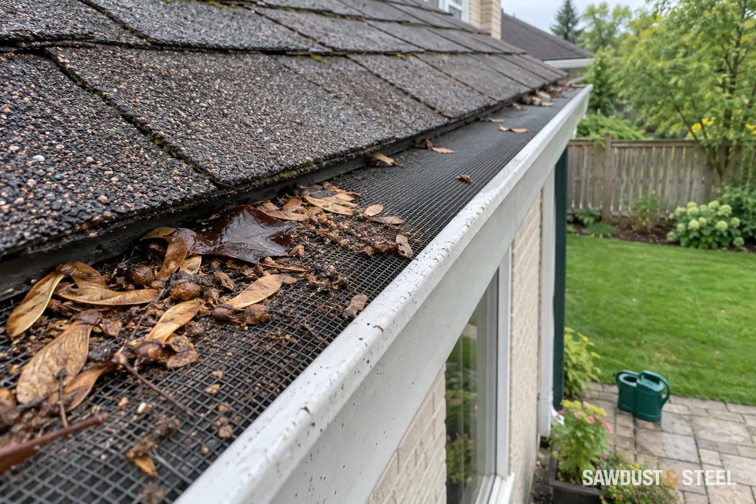Close view of shingle granules, green growth at some edges and debris on a gutter screen