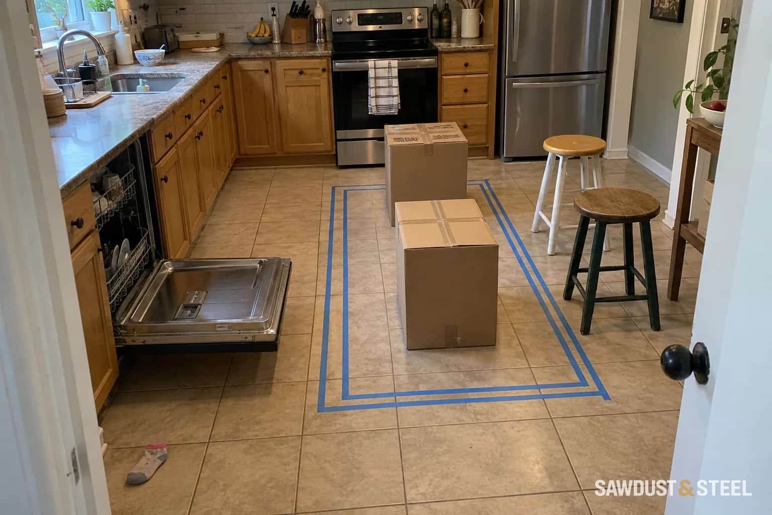 Blue tape and cardboard boxes marking an island footprint beside an open dishwasher and two stools