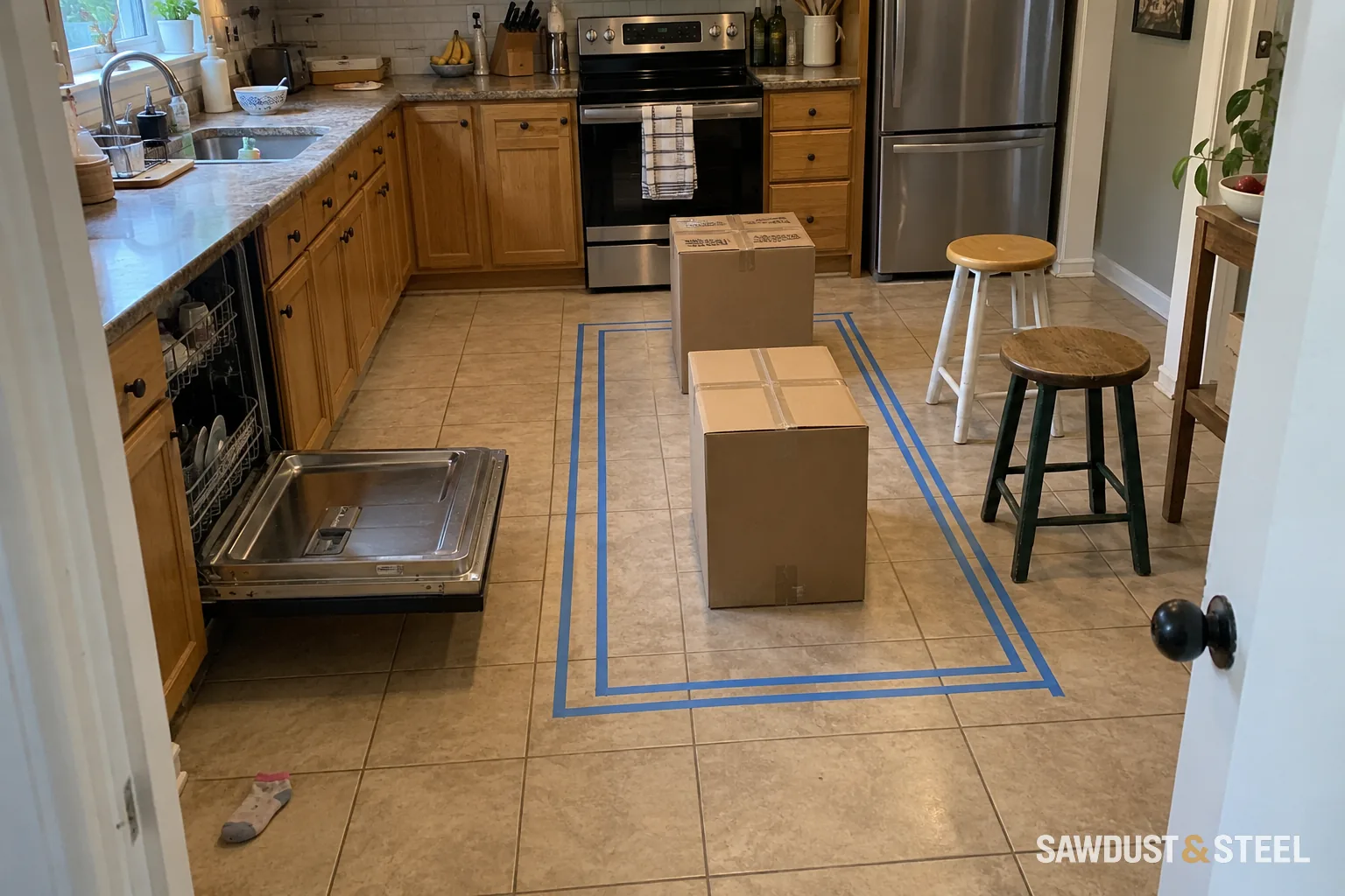 Blue tape and cardboard boxes marking an island footprint beside an open dishwasher and two stools