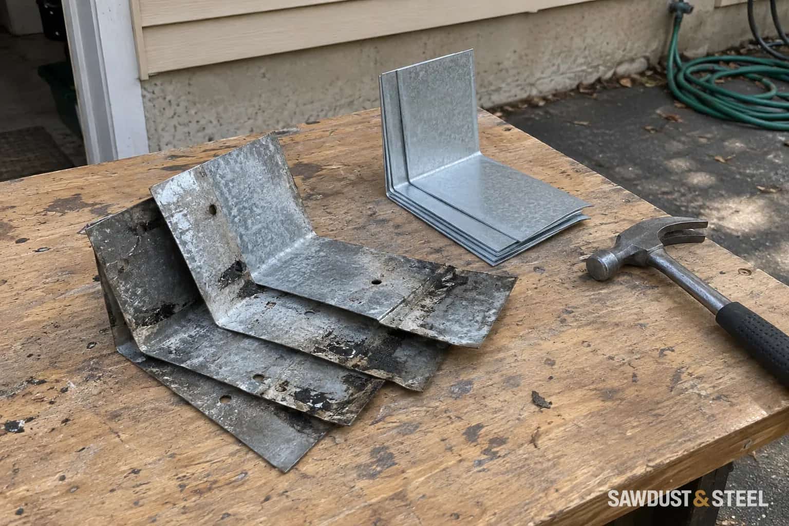 Removed metal flashing with holes and old sealant beside new folded pieces on a worn workbench