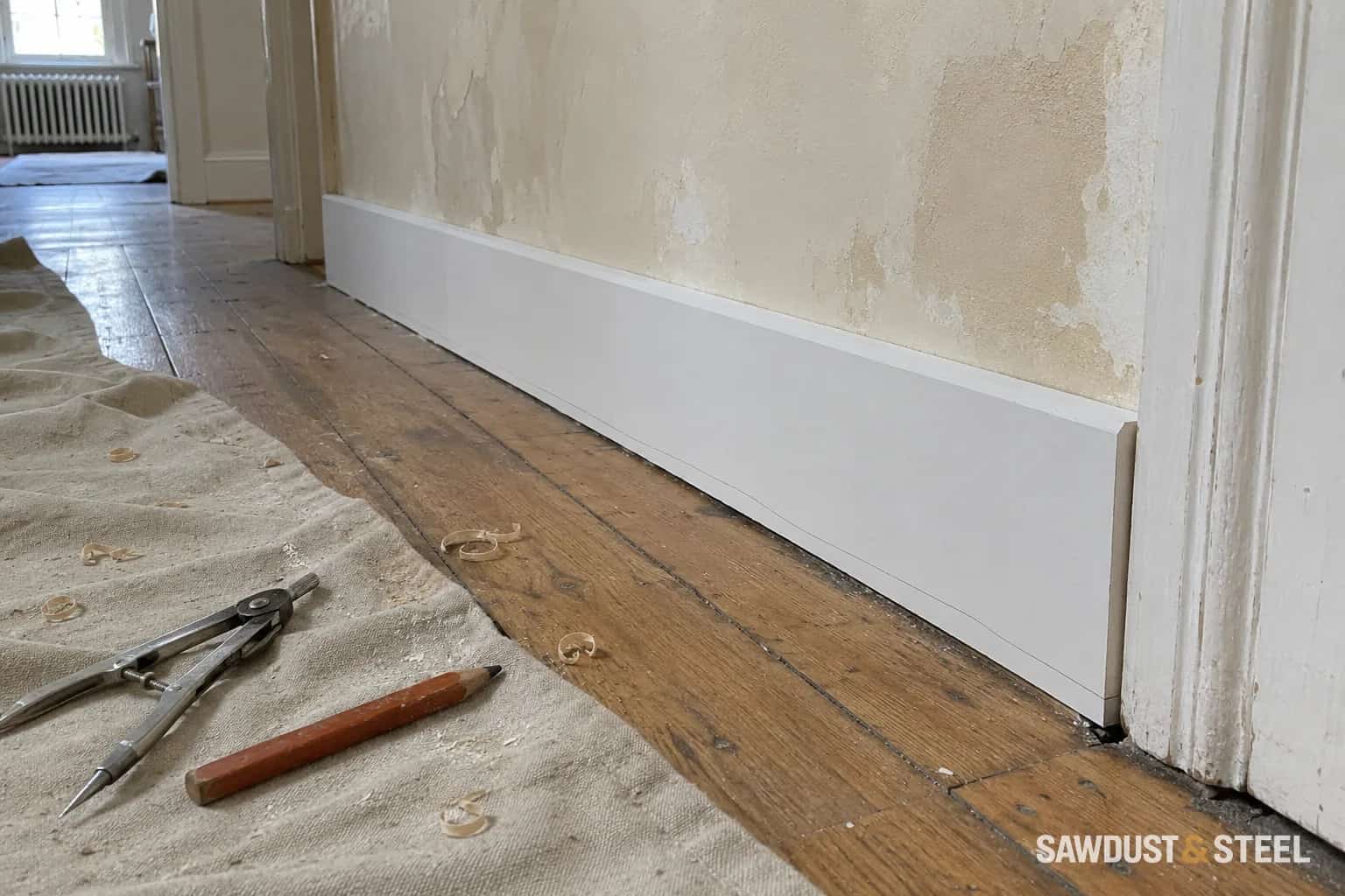 White baseboard against an unfinished wall with hand tools on protected flooring
