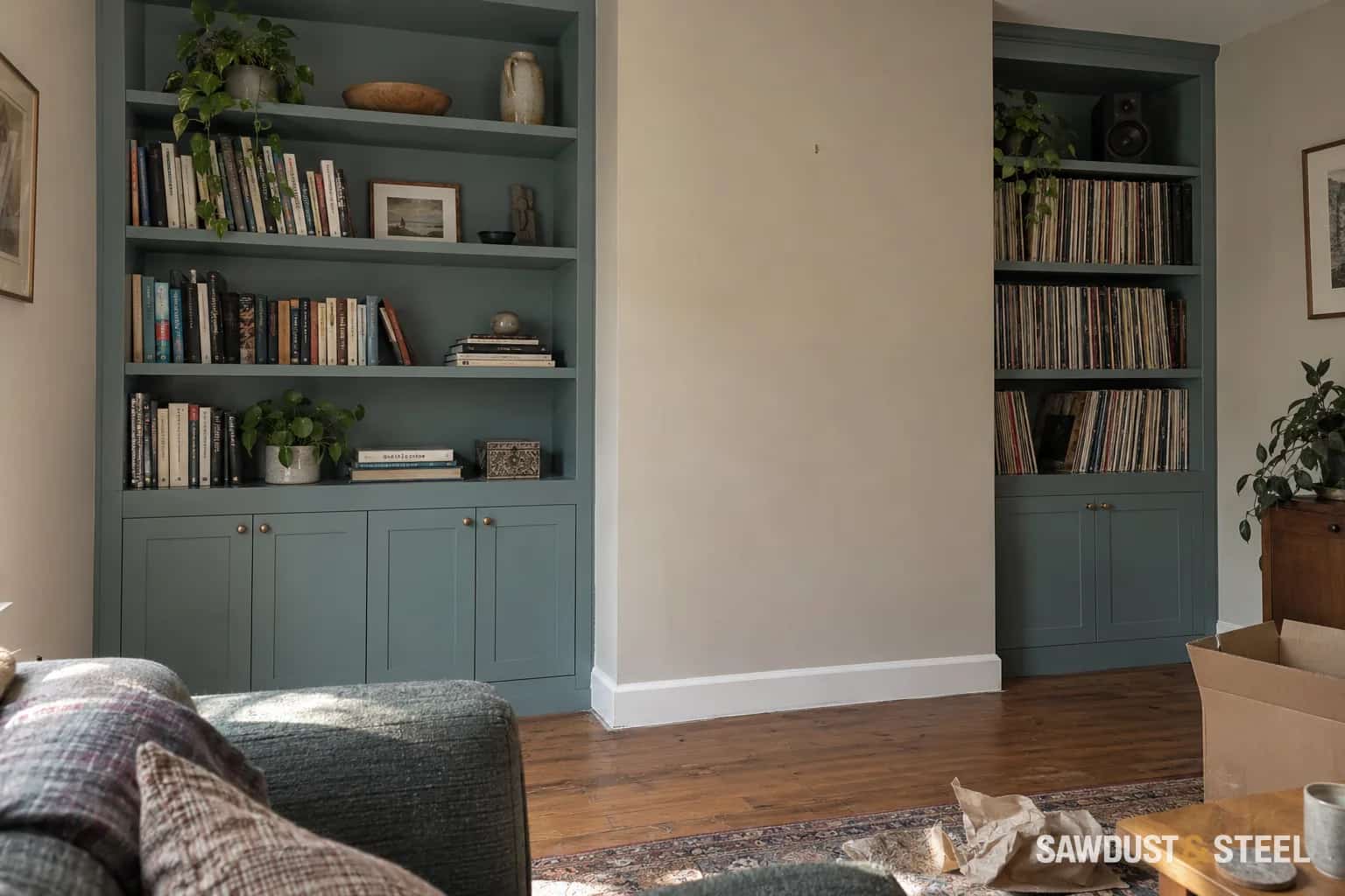 Unequal blue-green alcove cabinets with books on the wider left side and records on the right