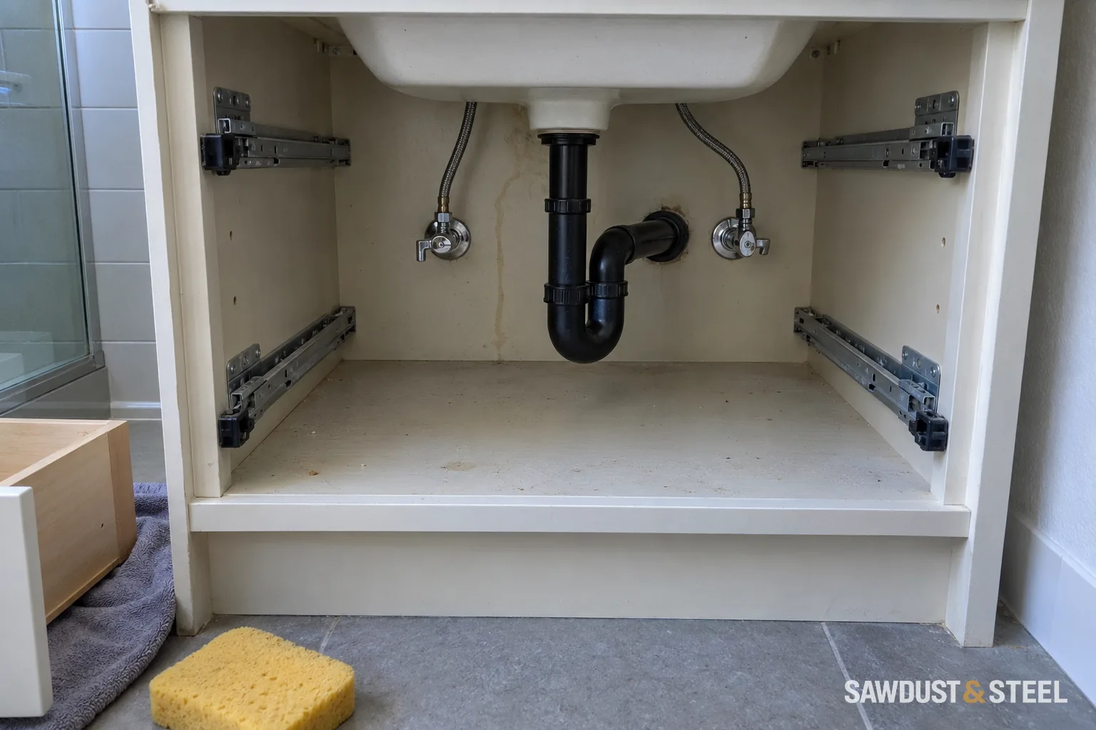 Open bathroom vanity showing the sink waste pipe and water supply connections
