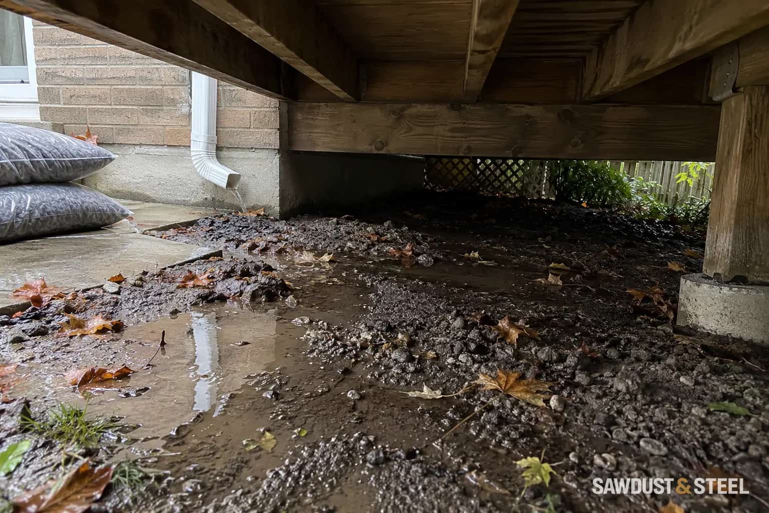 Short downspout outlet beside a shallow puddle and washed silt under a timber deck