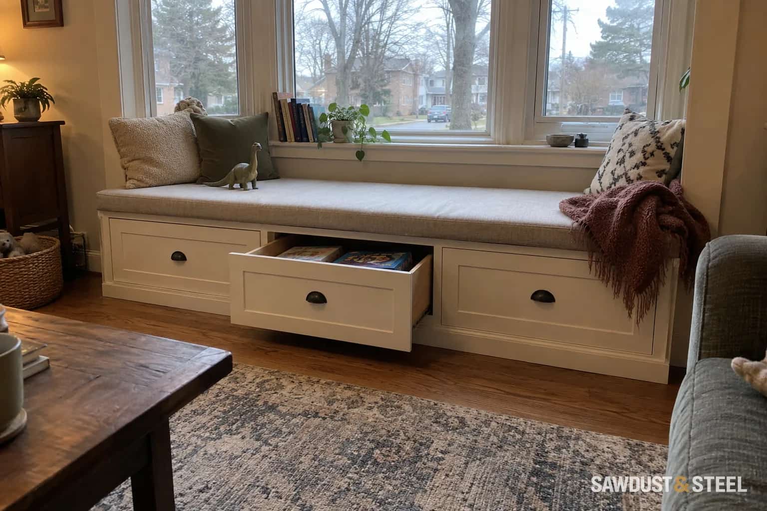 Cushioned window seat with one storage drawer open beneath a bay window