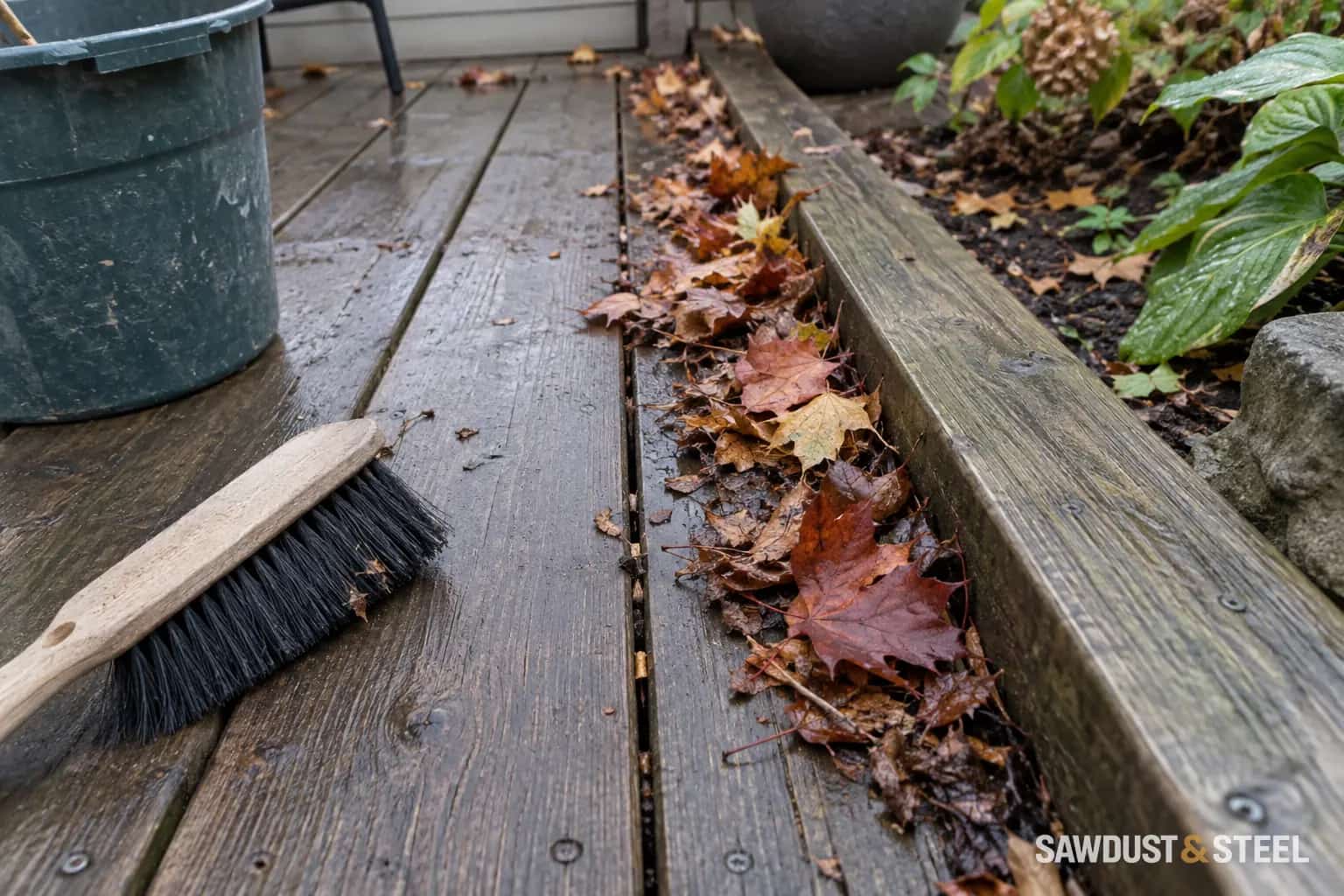 Damp autumn leaves caught beside timber deck boards, with a hand brush and bucket