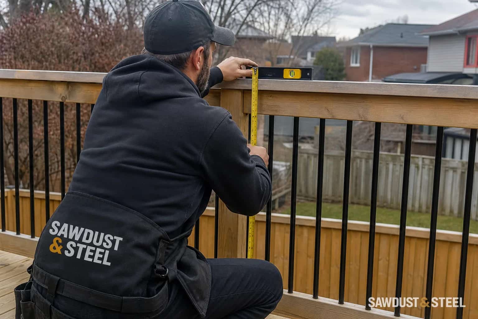 Carpenter checking a deck guard with a tape measure
