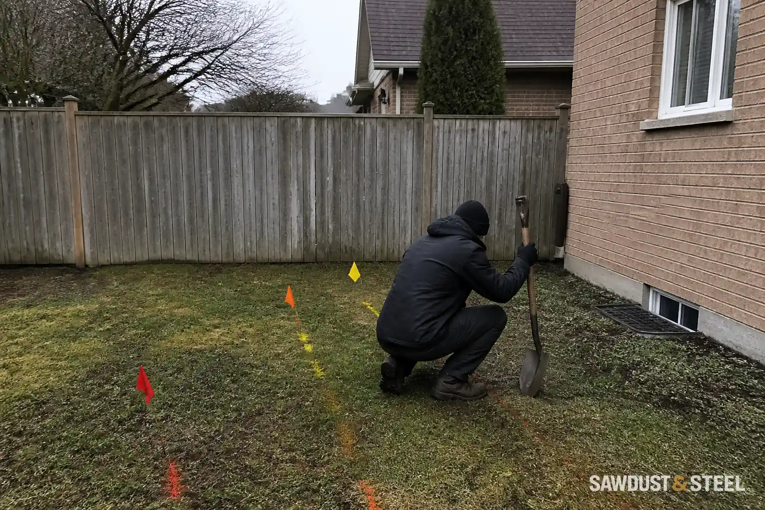 Ordinary backyard marked with utility locate flags before digging