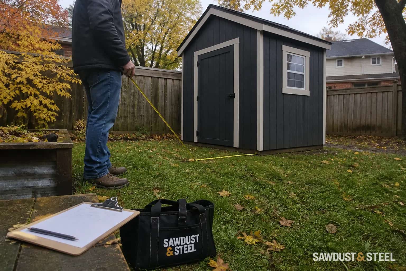 Editorial view of a small detached backyard shed being measured in autumn