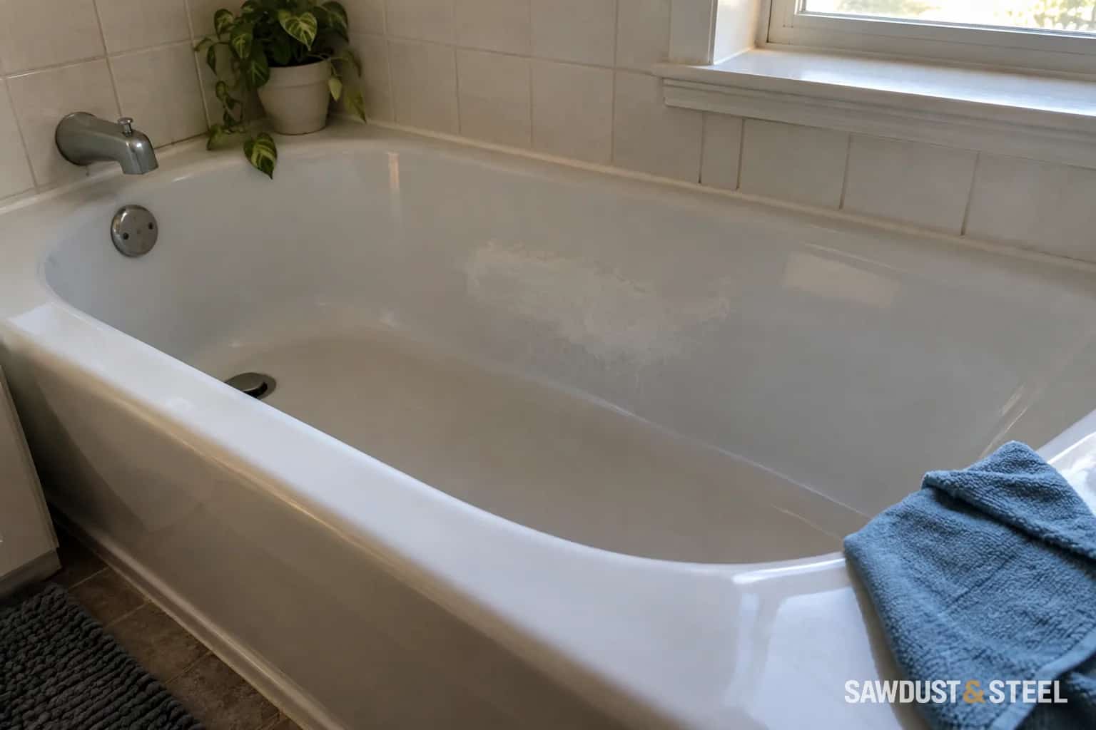 A dull patch on the inside of a white bathtub catches the window light.