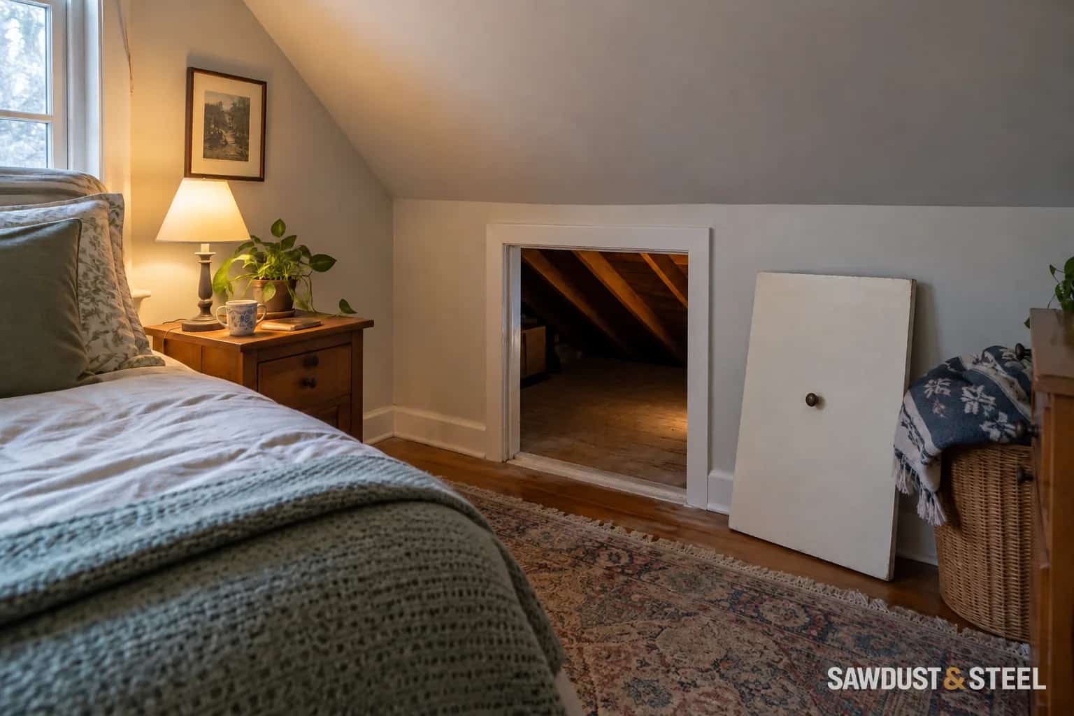 Bedroom knee-wall hatch with its lift-off cover beside the opening into the roof space.