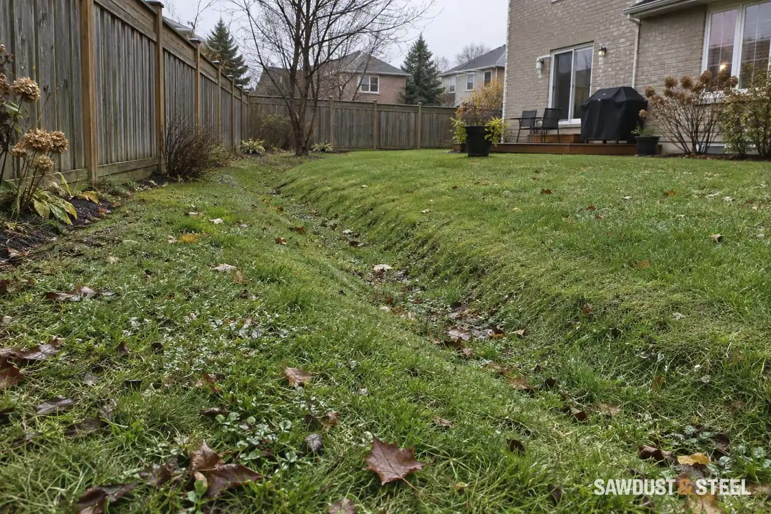 Shallow grass drainage swale running beside a backyard timber fence.