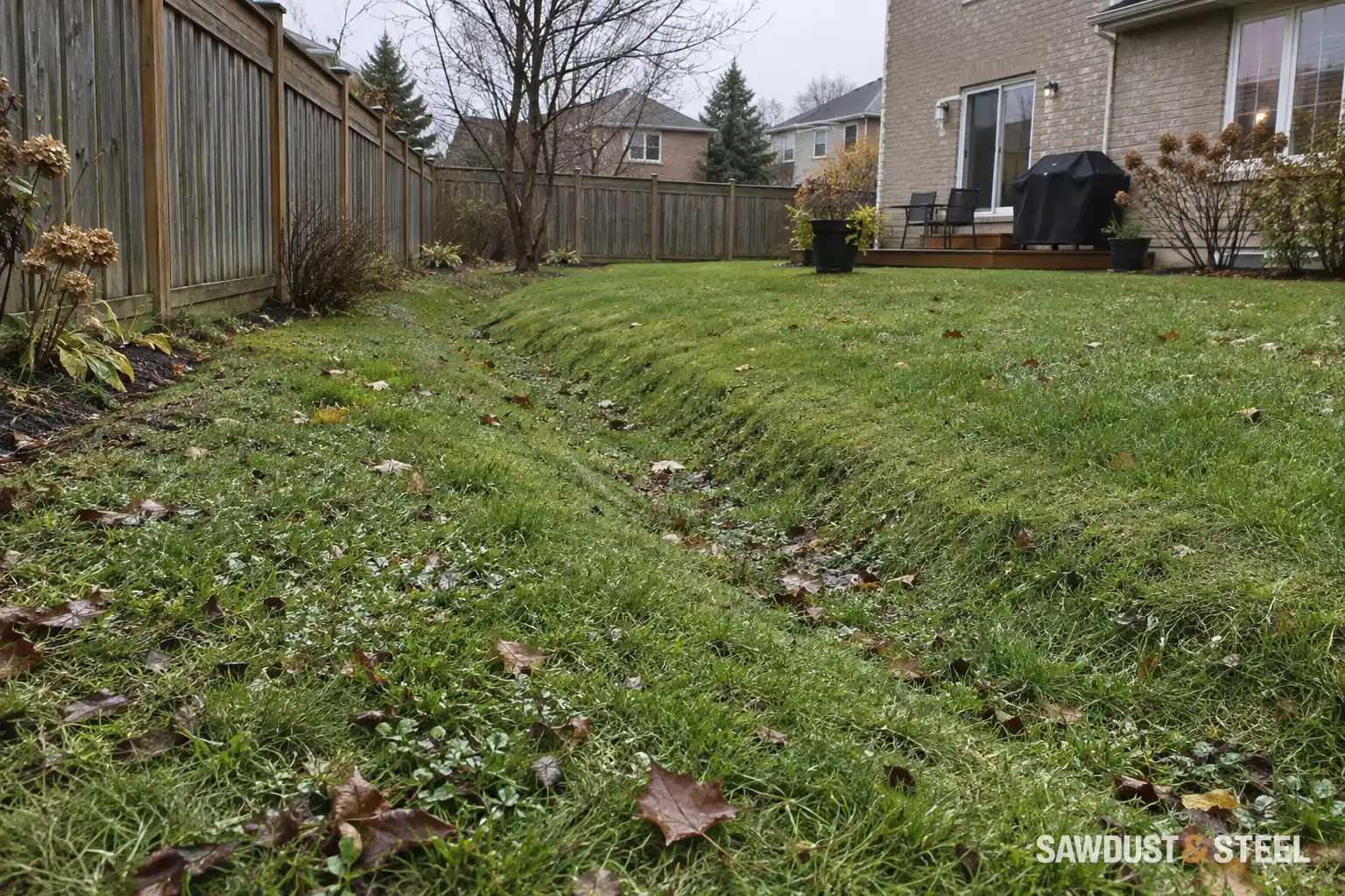 Shallow grass drainage swale running beside a backyard timber fence.