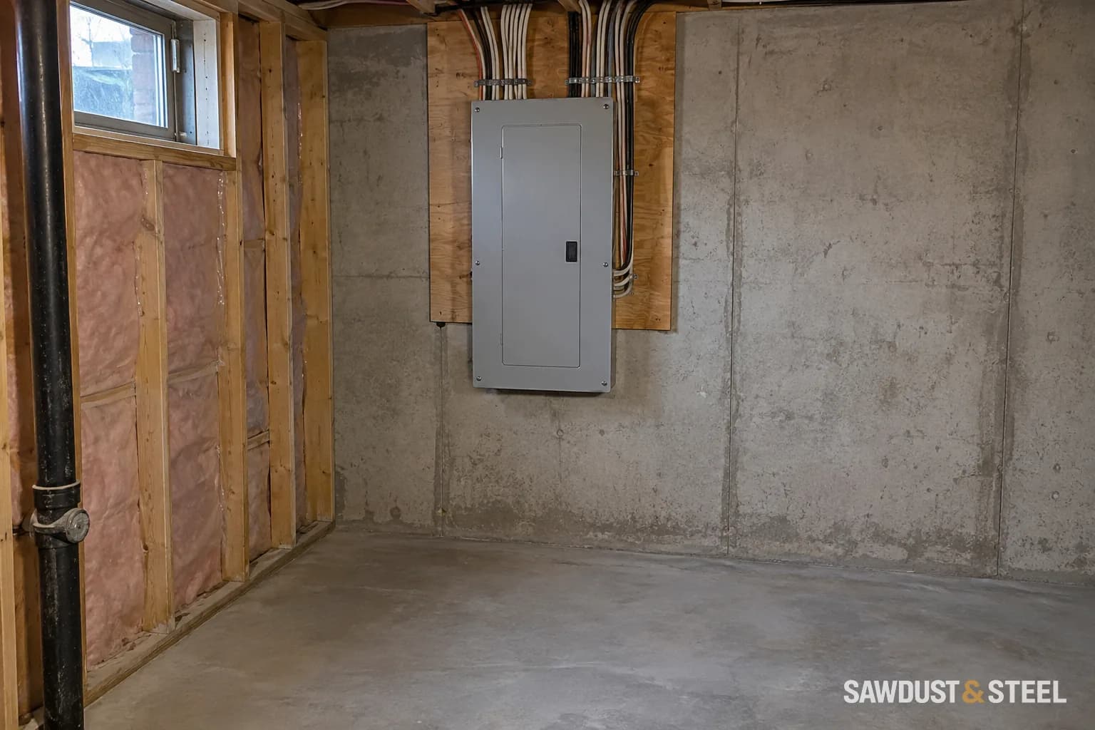 Closed electrical panel on an unfinished basement wall with clear floor space in front.